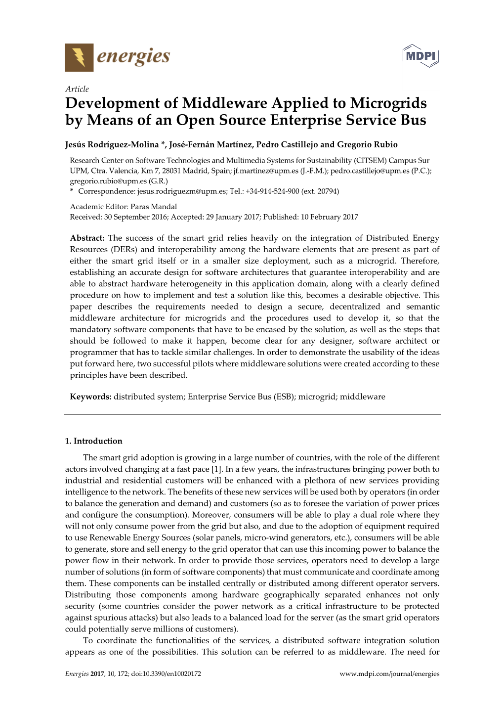 Development of Middleware Applied to Microgrids by Means of an Open Source Enterprise Service Bus