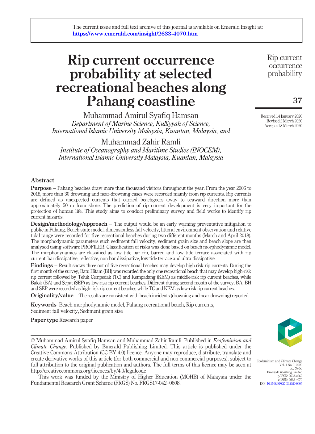 Rip Current Occurrence Probability at Selected Recreational Beaches