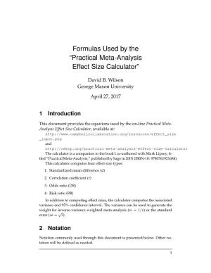 Formulas Used by the “Practical Meta-Analysis Effect Size Calculator”