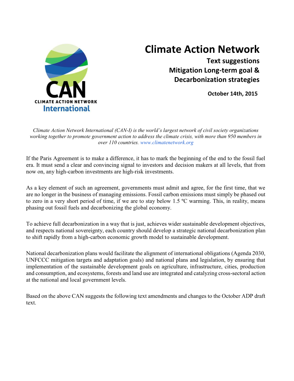 Climate Action Network Text Suggestions Mitigation Long-Term Goal & Decarbonization Strategies