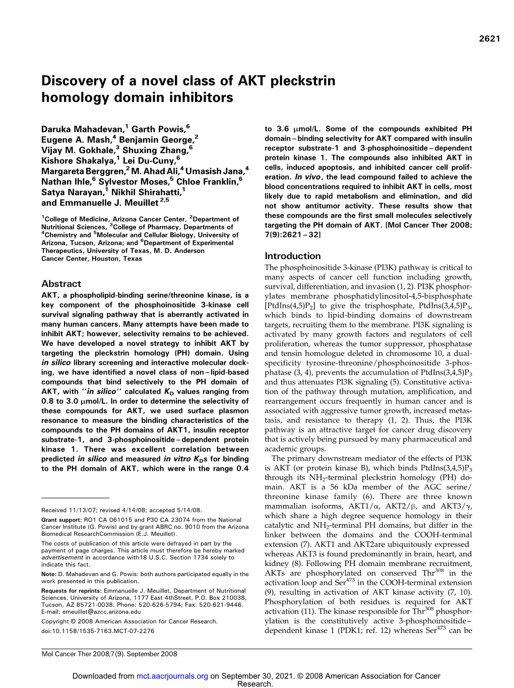 Discovery of a Novel Class of AKT Pleckstrin Homology Domain Inhibitors