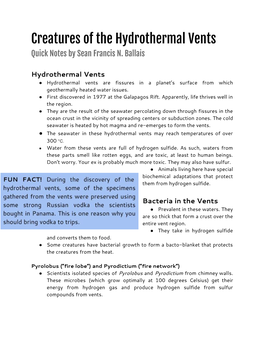 Creatures of the Hydrothermal Vents Quick Notes by Sean Francis N