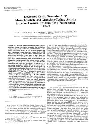 Decreased Cyclic Guanosine 3 ',5 ' Monophosphate and Guanylate Cyclase Activity in Leprechaunism: Evidence for a Postreceptor Defect