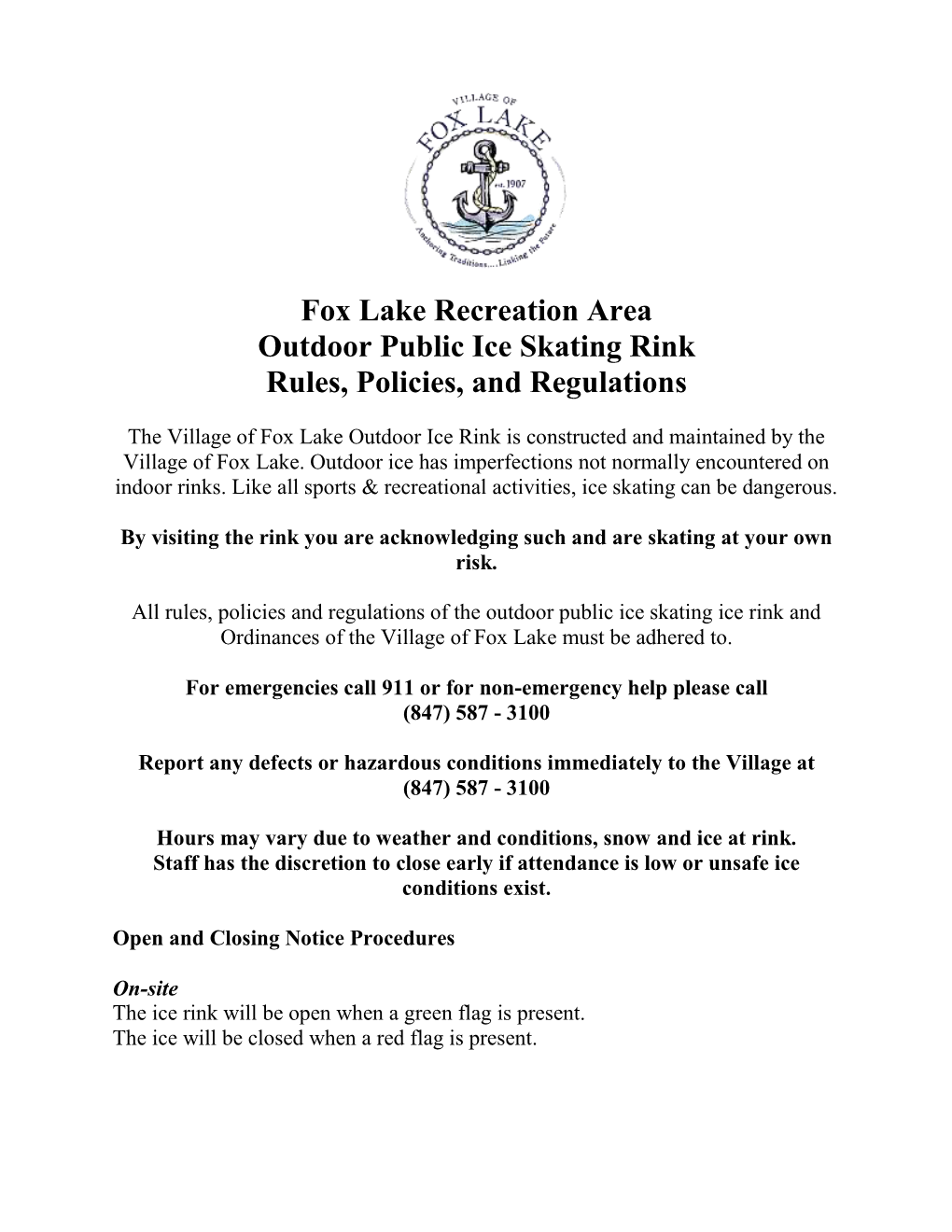 Fox Lake Recreation Area Outdoor Public Ice Skating Rink Rules