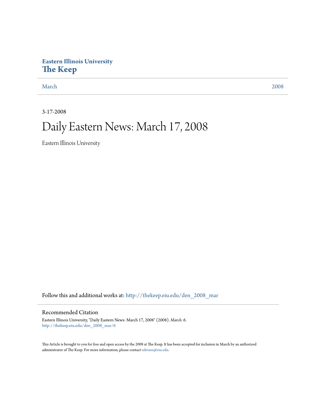 Daily Eastern News: March 17, 2008 Eastern Illinois University