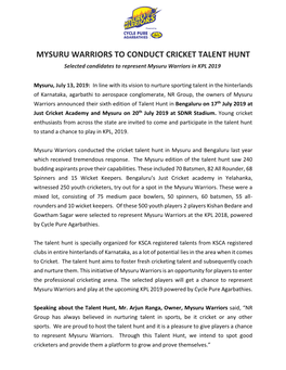 MYSURU WARRIORS to CONDUCT CRICKET TALENT HUNT Selected Candidates to Represent Mysuru Warriors in KPL 2019