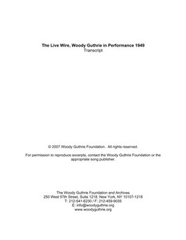 The Live Wire, Woody Guthrie in Performance 1949 Transcript