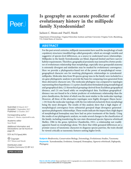 Is Geography an Accurate Predictor of Evolutionary History in the Millipede Family Xystodesmidae?