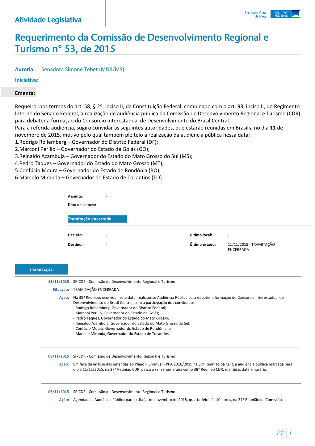 Requerimento Da Comissão De Desenvolvimento Regional E Turismo N° 53, De 2015