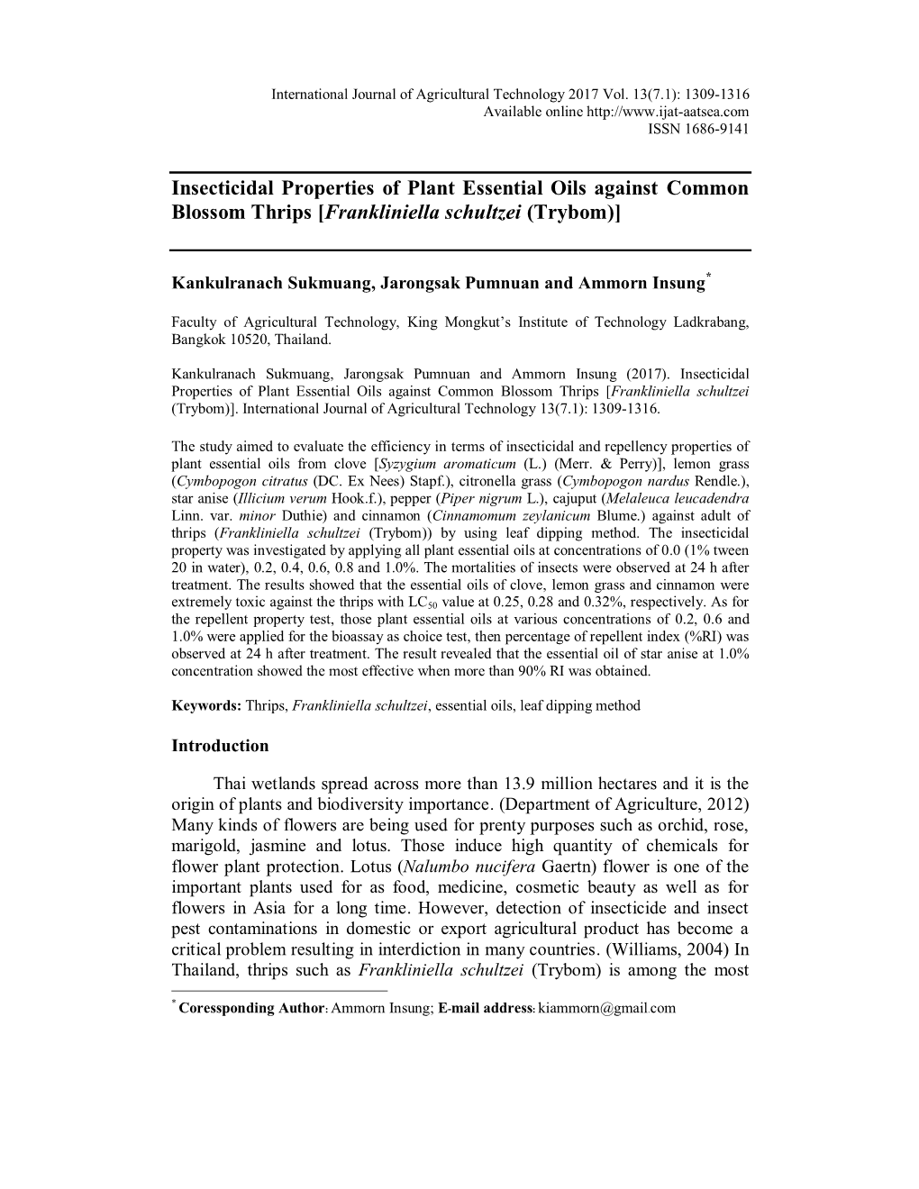 [Frankliniella Schultzei (Trybom)]. International Journal of Agricultural Technology 13(7.1): 1309-1316