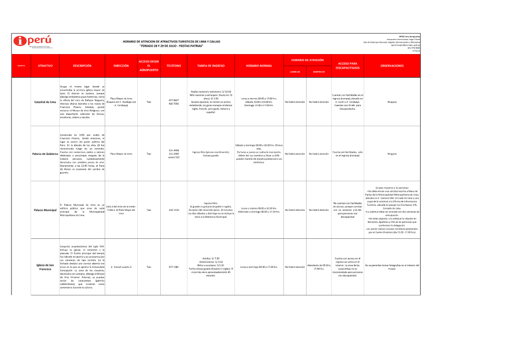 Horario De Atencion De Atractivos