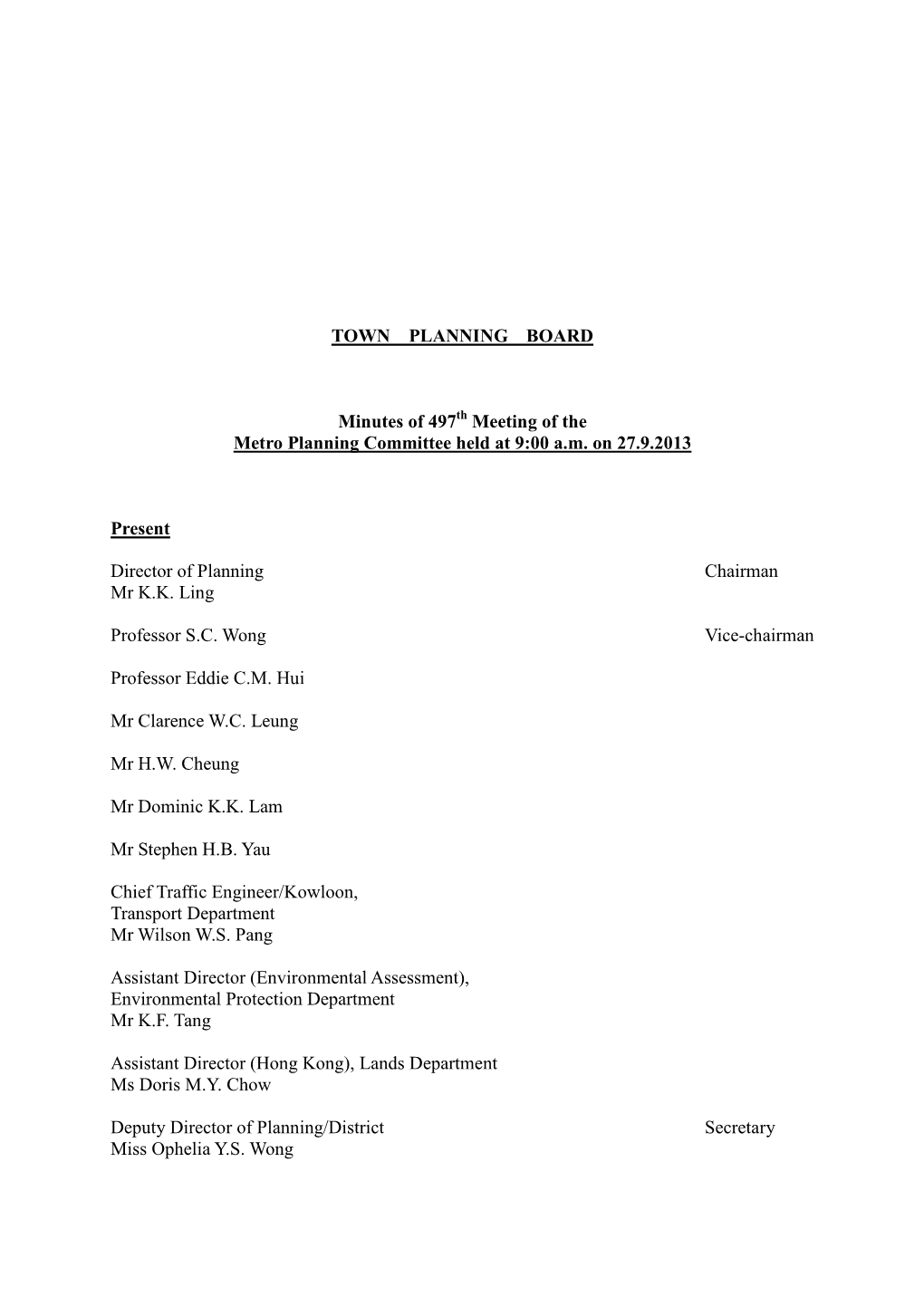 TOWN PLANNING BOARD Minutes of 497 Meeting of the Metro Planning