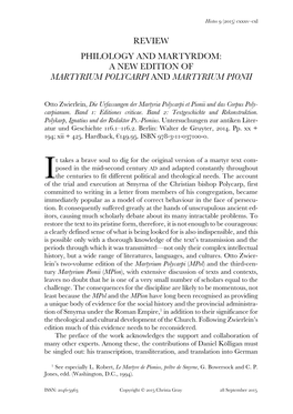 Philology and Martyrdom: a New Edition of Martyrium Polycarpi and Martyrium Pionii