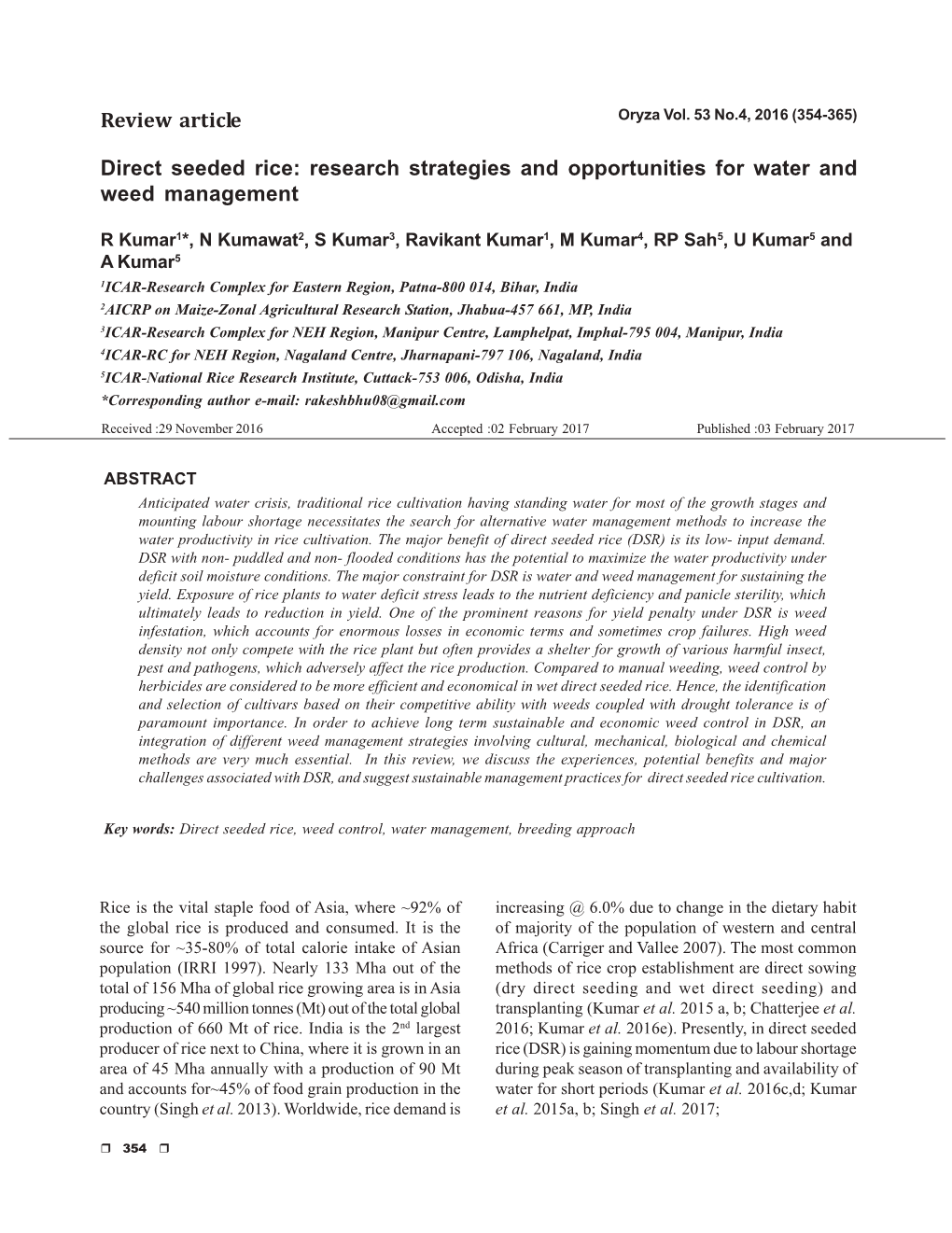 Direct Seeded Rice: Research Strategies and Opportunities for Water and Weed Management