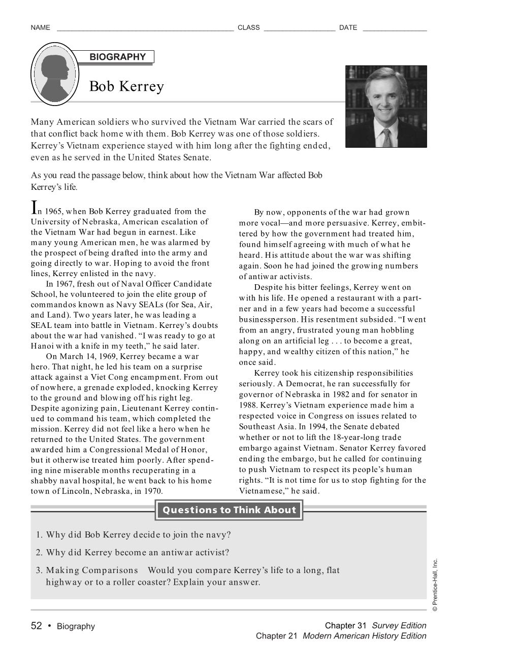 Biography Activity: Bob Kerrey