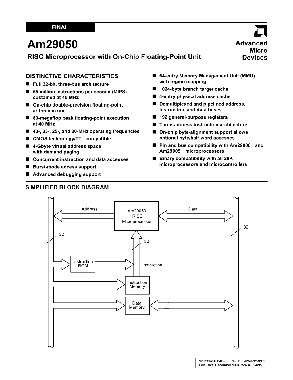 Am29050 Micro RISC Microprocessor with On-Chip Floating-Point Unit Devices