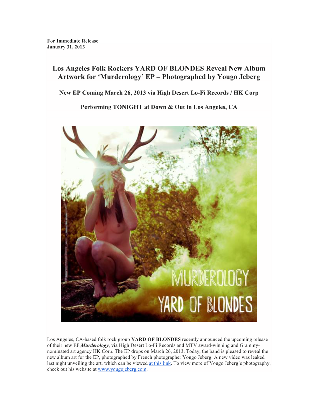 Los Angeles Folk Rockers YARD of BLONDES Reveal New Album Artwork for ‘Murderology’ EP – Photographed by Yougo Jeberg