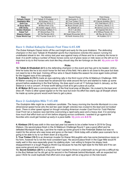 Race 1: Dubai Kahayla Classic Post Time 6:45 AM Race 2: Godolphin