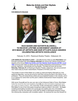 Rick Baker and Kathryn Blondell to Receive Lifetime Achievement Awards at 2015 Make-Up Artists and Hair Stylists Guild Awards Celebrating Artistic Excellence