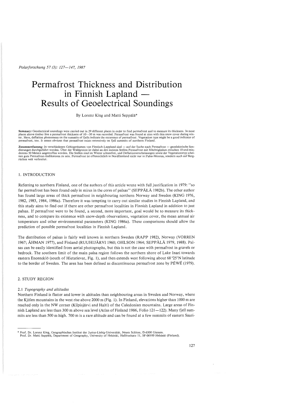 Permafrost Thickness and Distribution in Finnish Lapland - Results of Geoelectrical Soundings