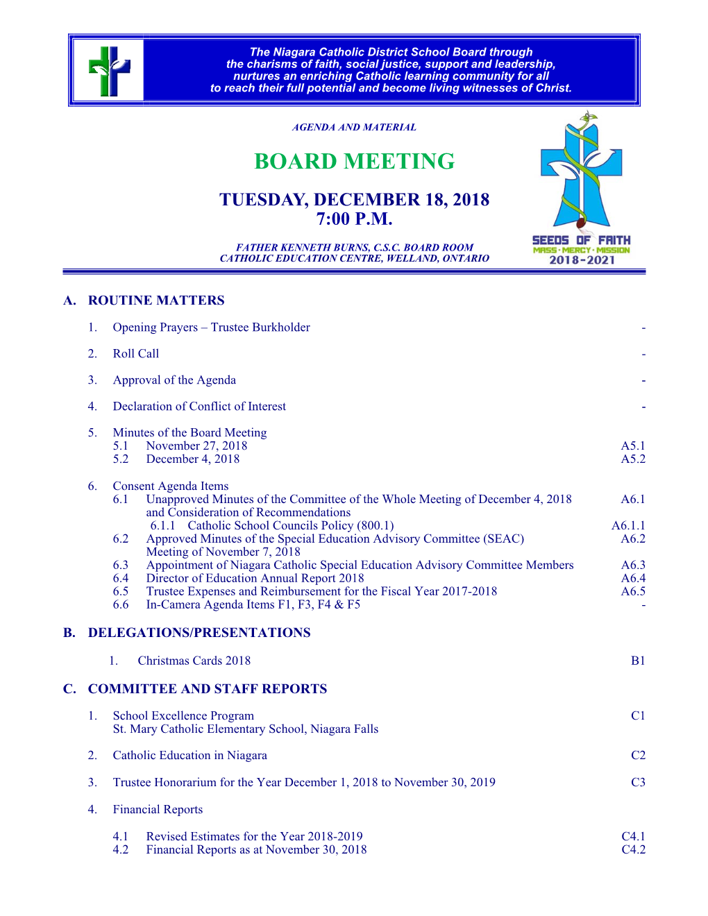 Board Meeting Tuesday, December 18, 2018 7:00 P.M