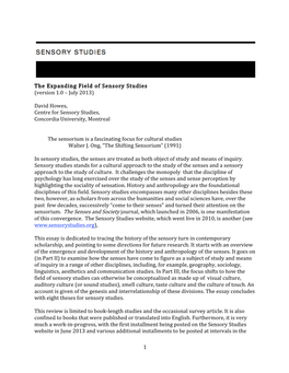 The Expanding Field of Sensory Studies (V.1.0) July 2013