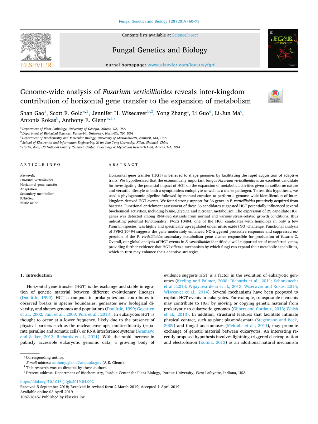 Genome-Wide Analysis of Fusarium Verticillioides Reveals Inter-Kingdom T Contribution of Horizontal Gene Transfer to the Expansion of Metabolism Shan Gaoa, Scott E