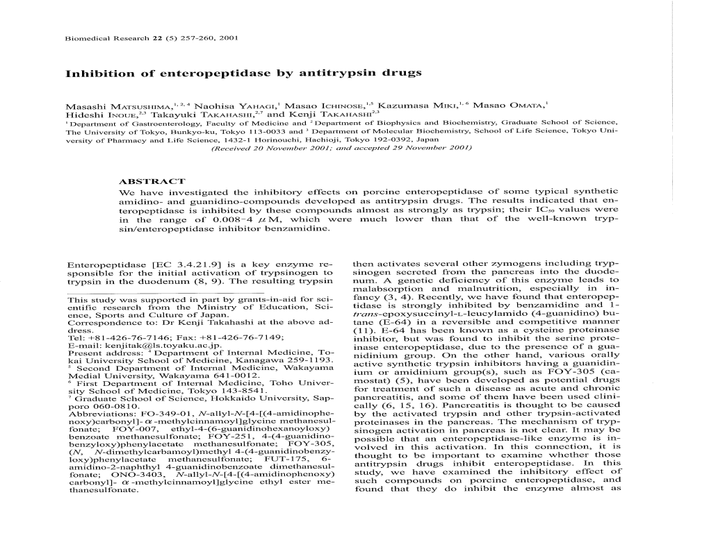 Inhibition of Enteropeptidase by Antitrypsin Drugs