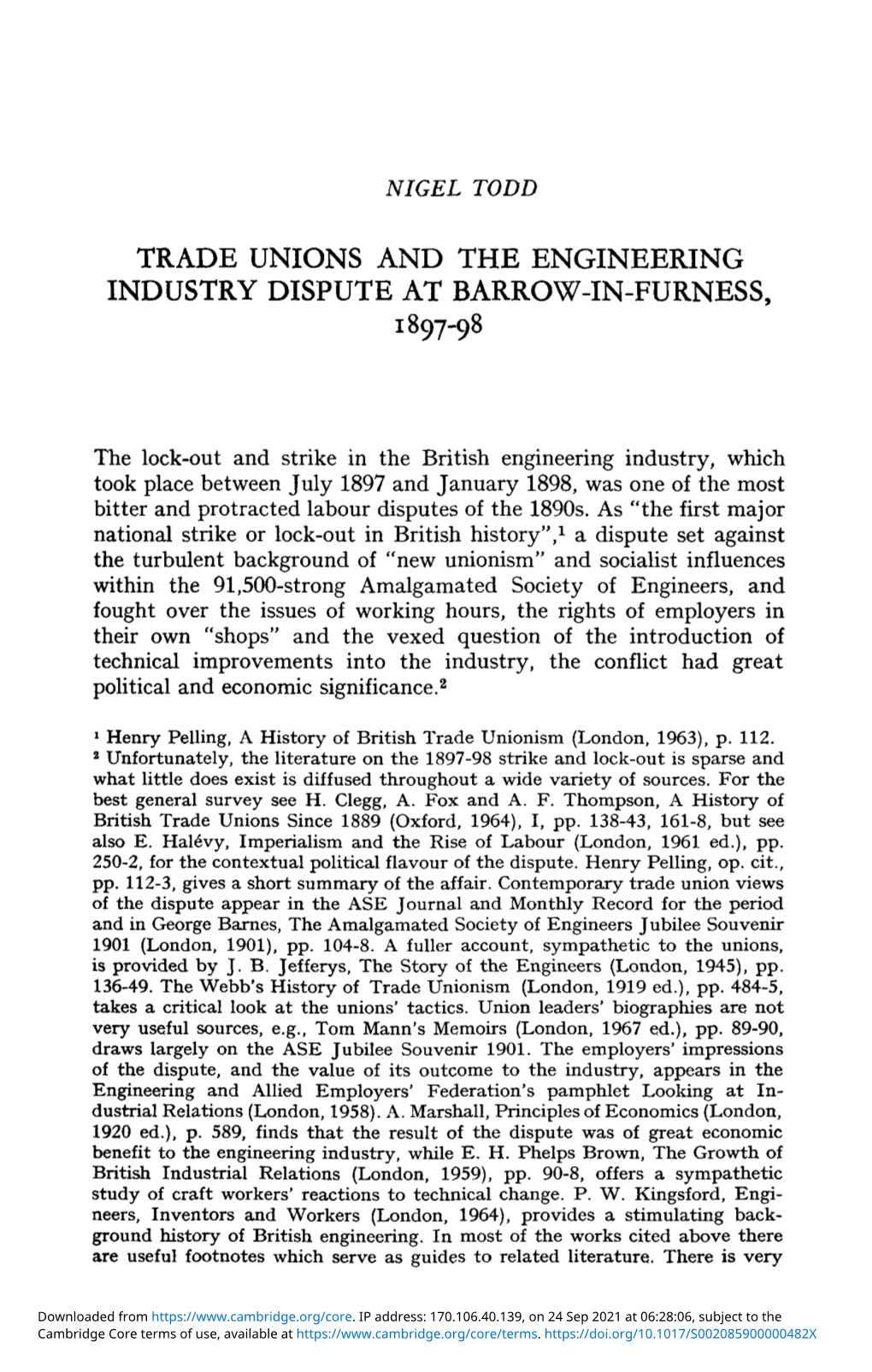 Trade Unions and the Engineering Industry Dispute at Barrow-In-Furness, 1897–98