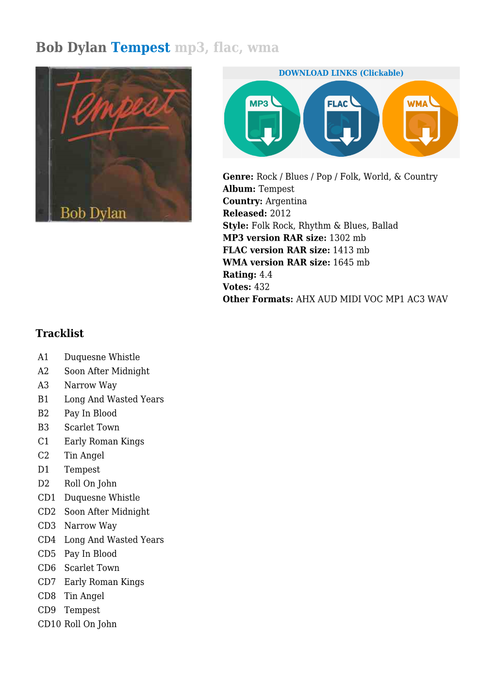 Bob Dylan Tempest Mp3, Flac, Wma