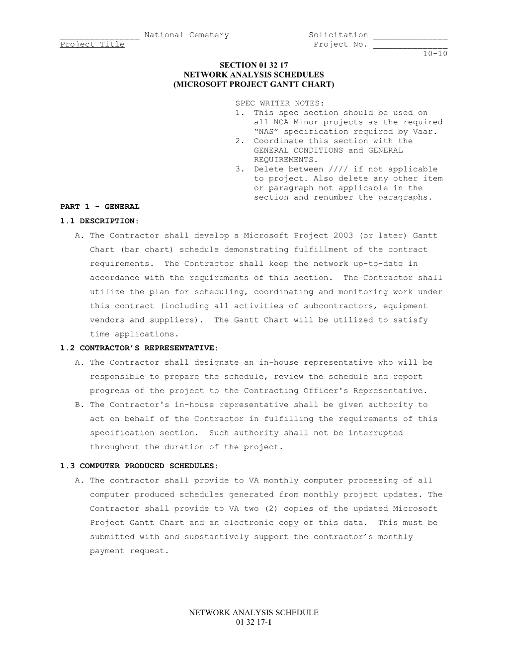 Section 01 32 17 - NETWORK ANALYSIS SCHEDULES