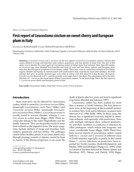 First Report of Leucostoma Cinctumon Sweet Cherry and European Plum in Italy