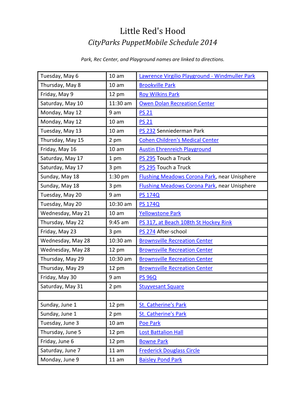 Little Red's Hood Cityparks Puppetmobile Schedule 2014