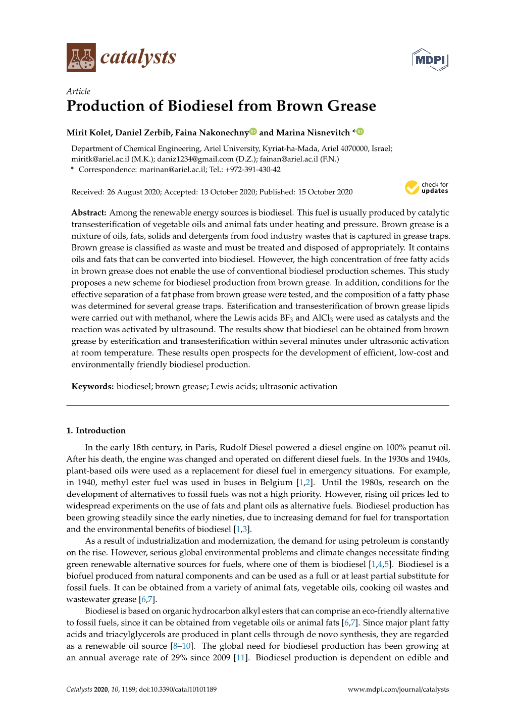 Production of Biodiesel from Brown Grease