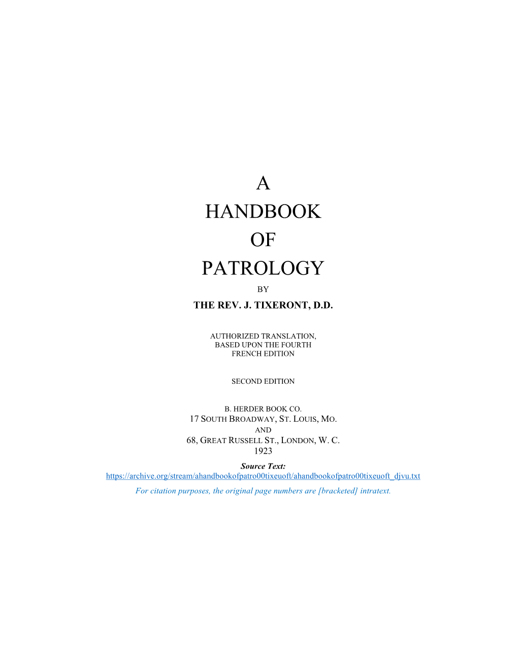 A Handbook of Patrology by the Rev
