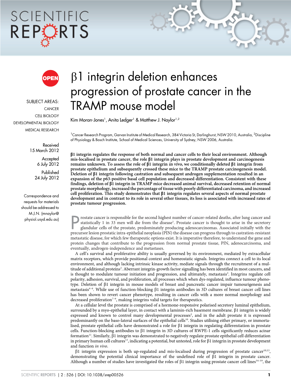 B1 Integrin Deletion Enhances Progression of Prostate Cancer in the TRAMP Mouse Model