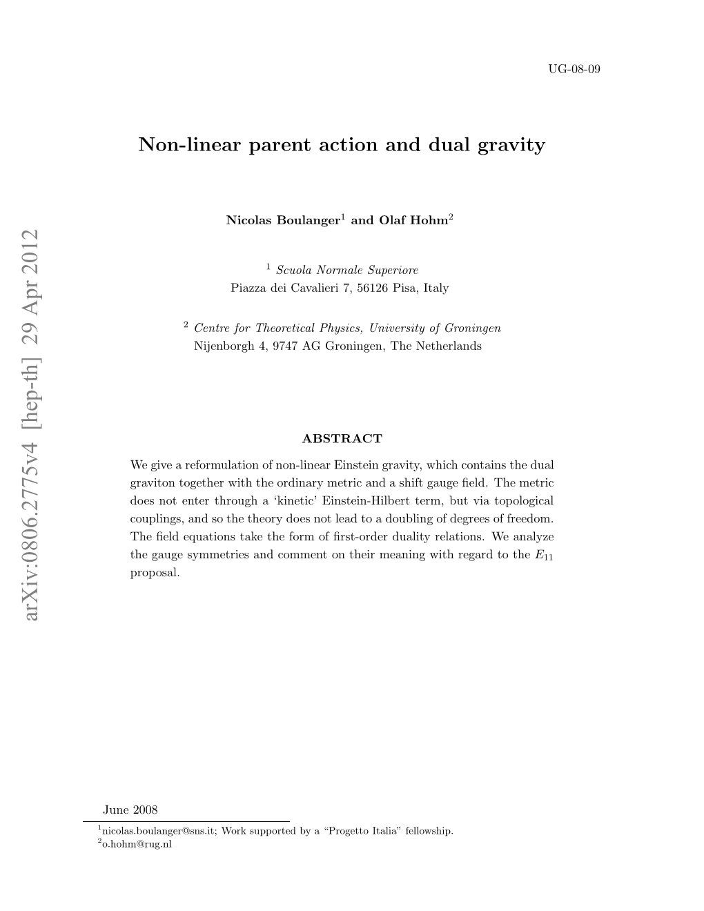 Non-Linear Parent Action and Dual Gravity