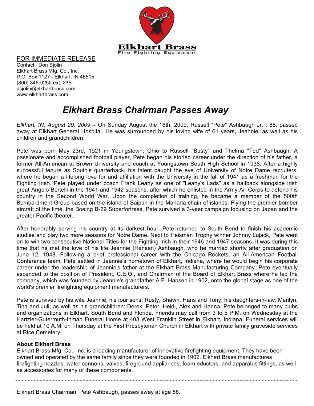 Elkhart Brass Chairman Passes Away