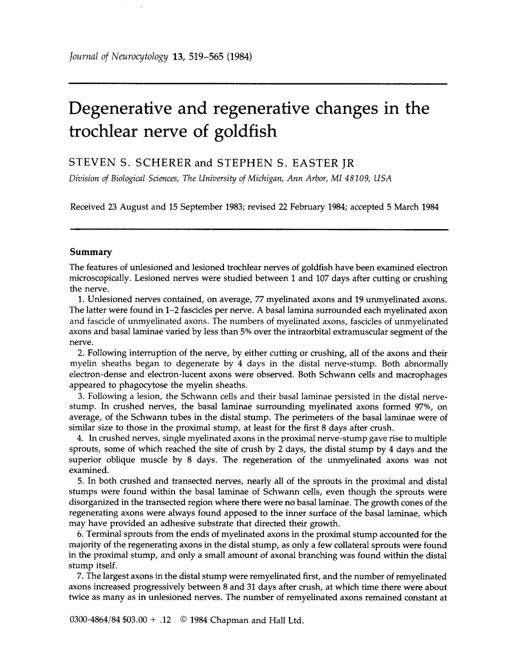 Degenerative and Regenerative Changes in the Trochlear Nerve of Goldfish