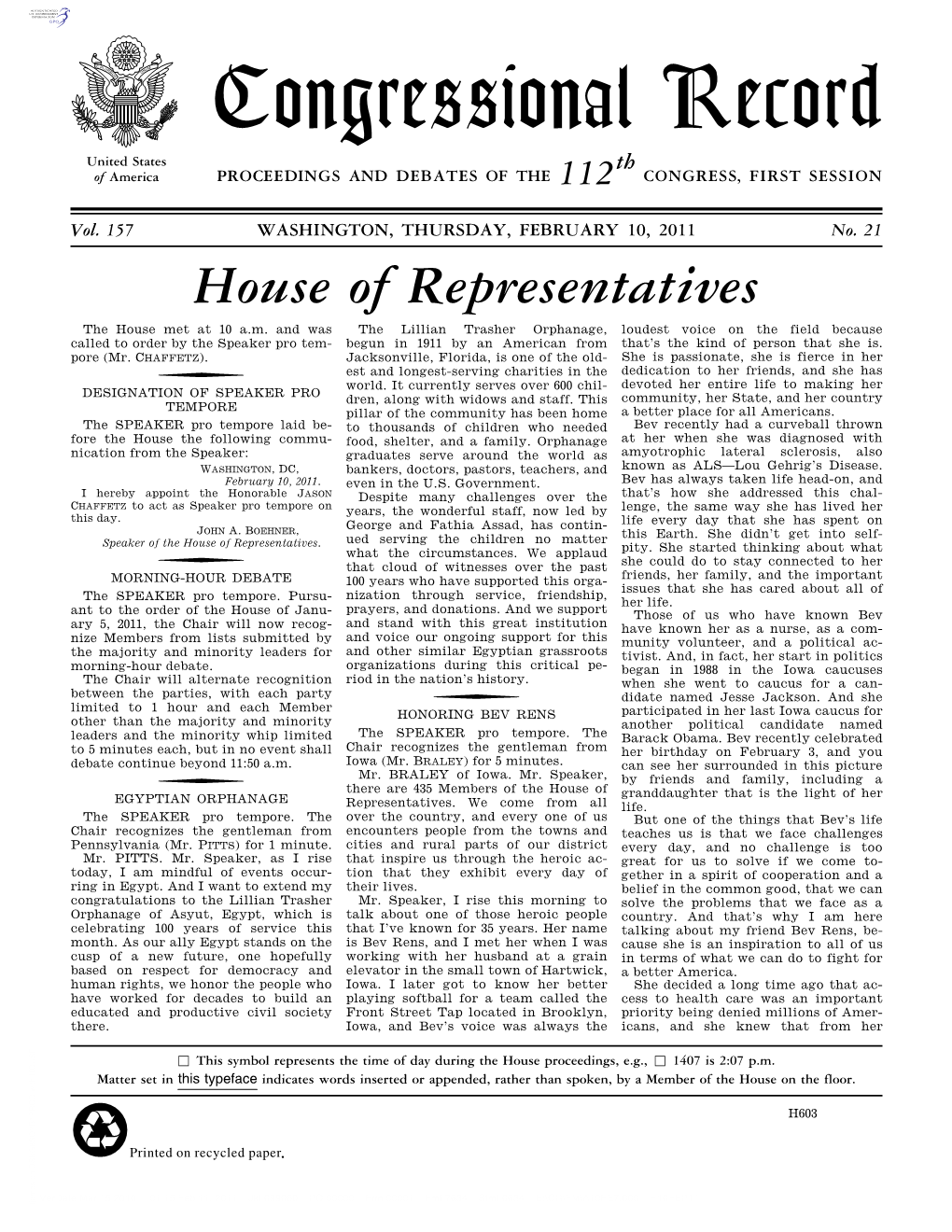 Congressional Record United States Th of America PROCEEDINGS and DEBATES of the 112 CONGRESS, FIRST SESSION