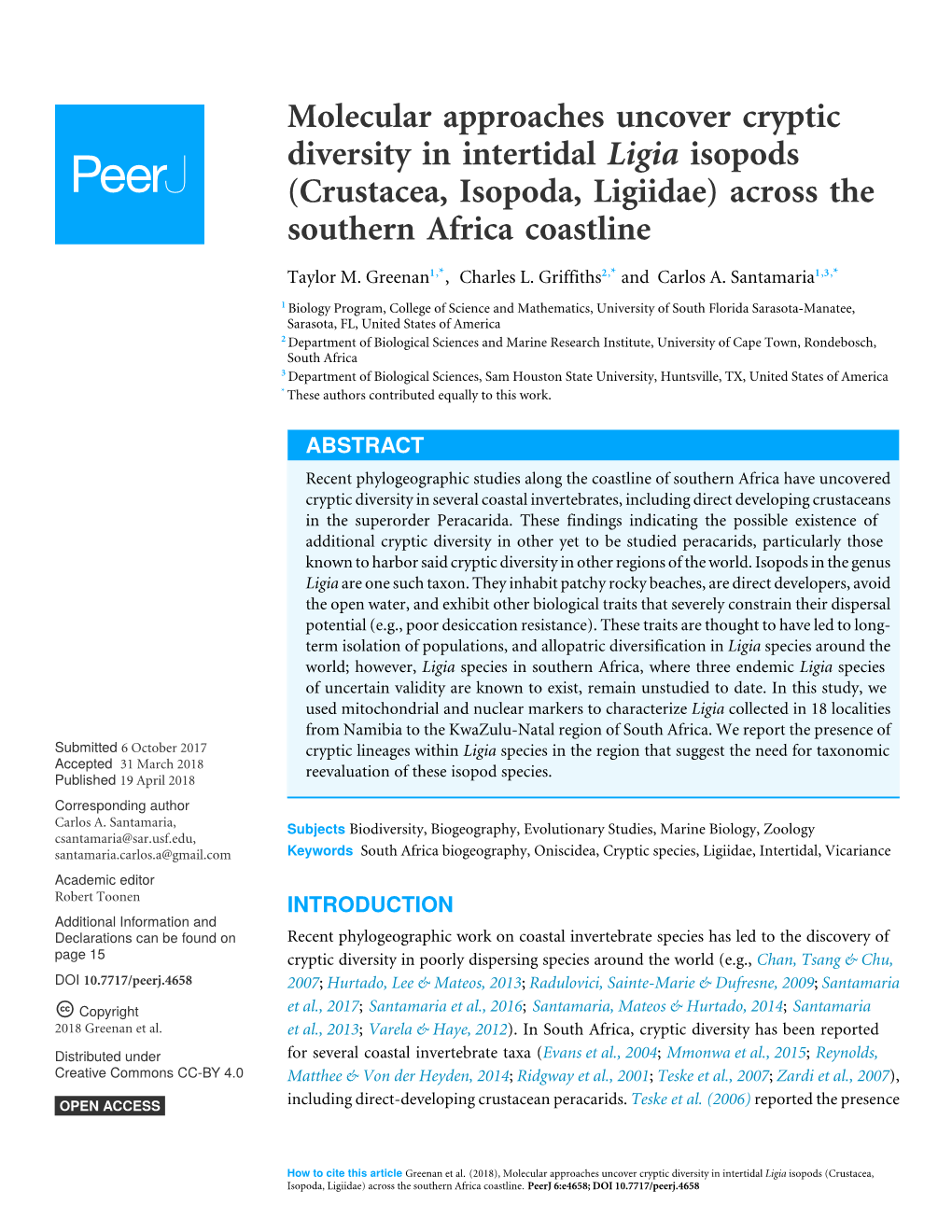 Molecular Approaches Uncover Cryptic Diversity in Intertidal Ligia Isopods (Crustacea, Isopoda, Ligiidae) Across the Southern Africa Coastline