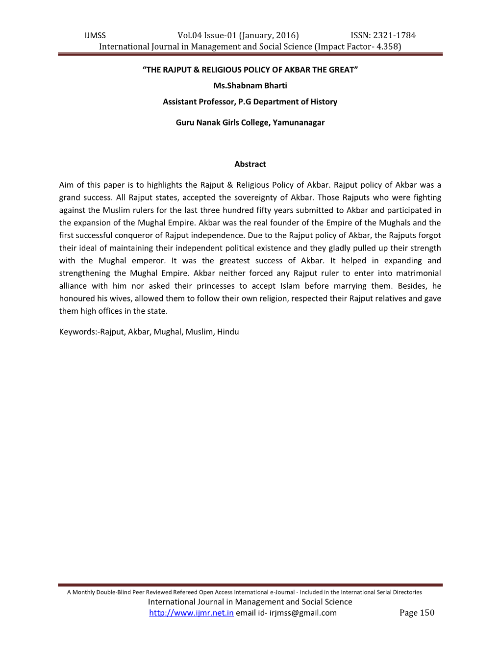 IJMSS Vol.04 Issue-01 (January, 2016) ISSN: 2321-1784 International Journal in Management and Social Science (Impact Factor- 4.358)