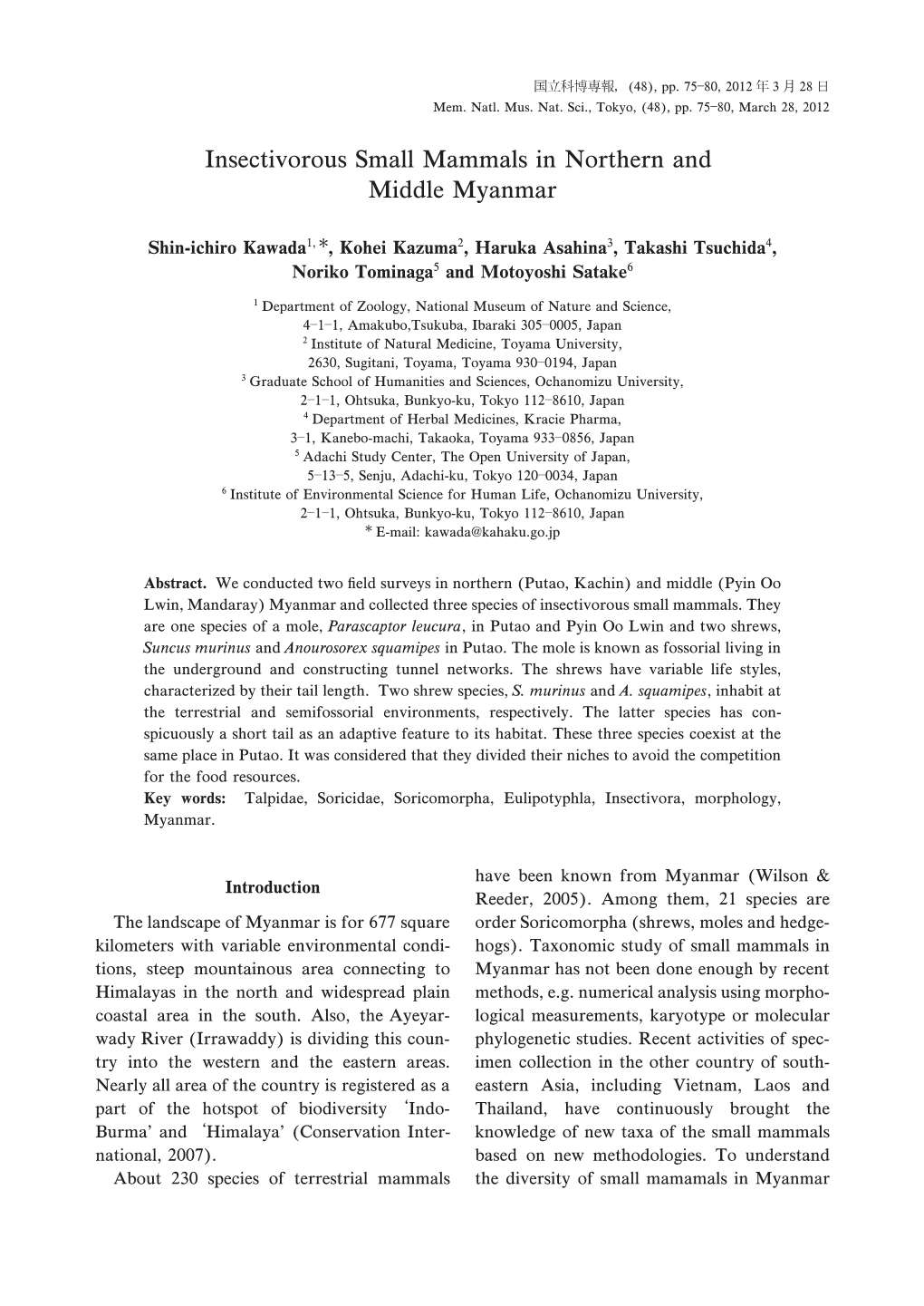 Insectivorous Small Mammals in Northern and Middle Myanmar