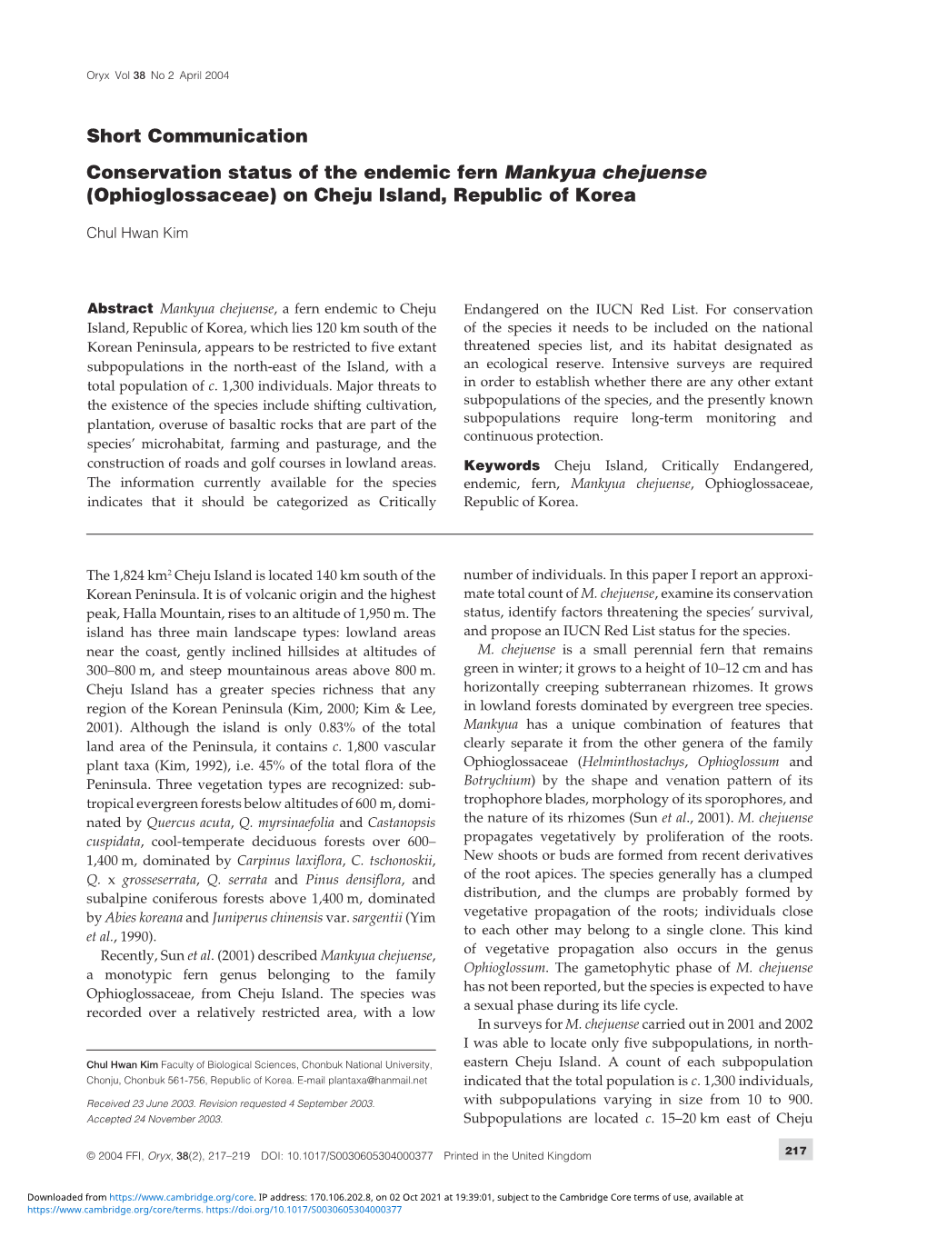 Conservation Status of the Endemic Fern Mankyua Chejuense (Ophioglossaceae) on Cheju Island, Republic of Korea