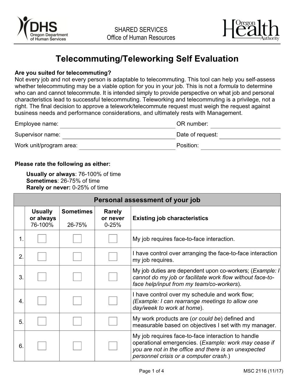MSC 2116 Telecommuting/Teleworking Self