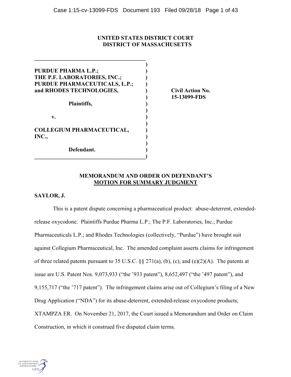 Case 1:15-Cv-13099-FDS Document 193 Filed 09/28/18 Page 1 of 43