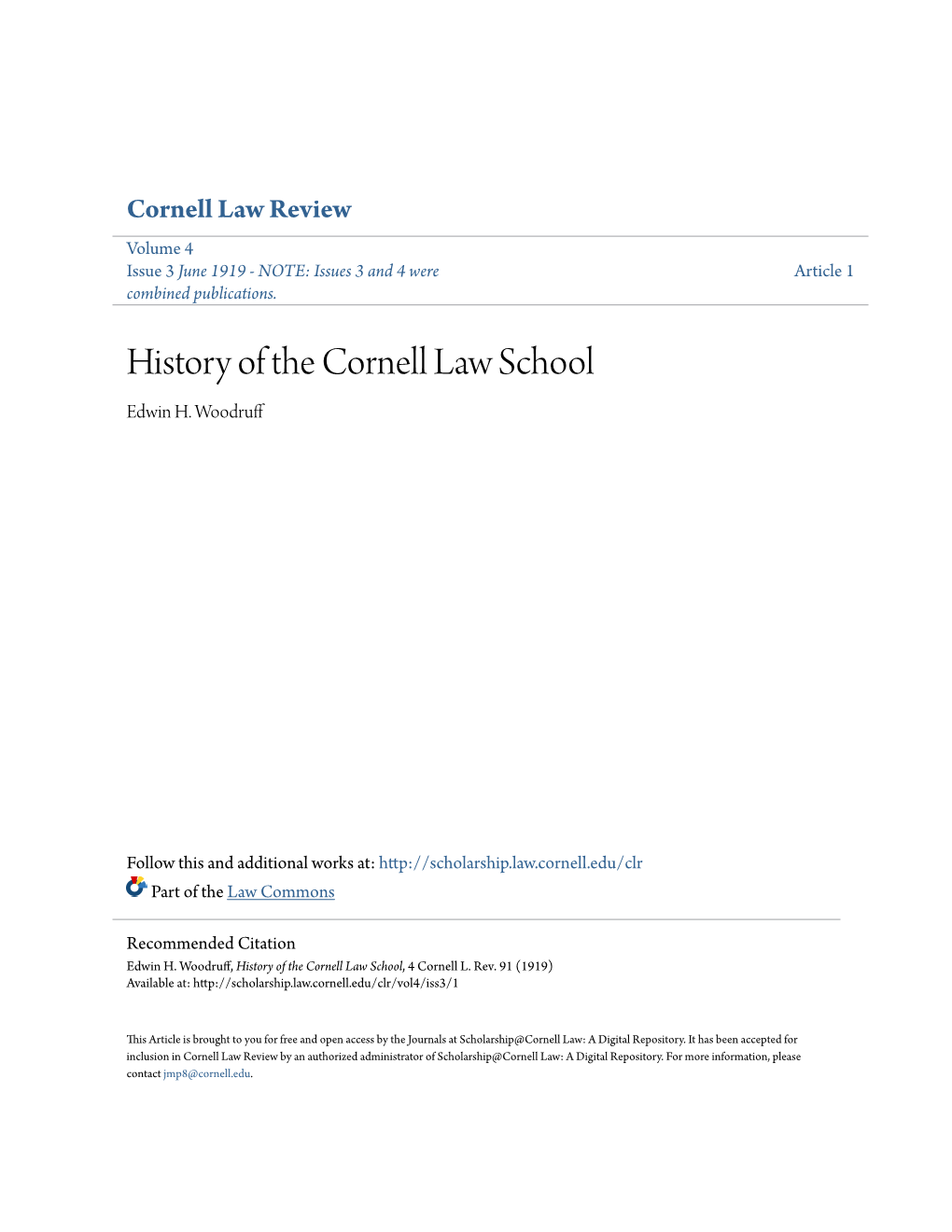 History of the Cornell Law School Edwin H