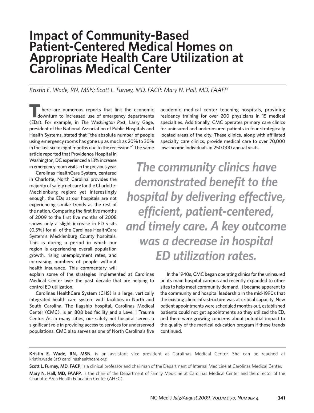 Impact of Community-Based Patient-Centered Medical Homes on Appropriate Health Care Utilization at Carolinas Medical Center