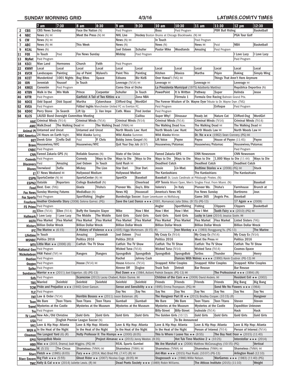 Sunday Morning Grid 4/3/16 Latimes.Com/Tv Times