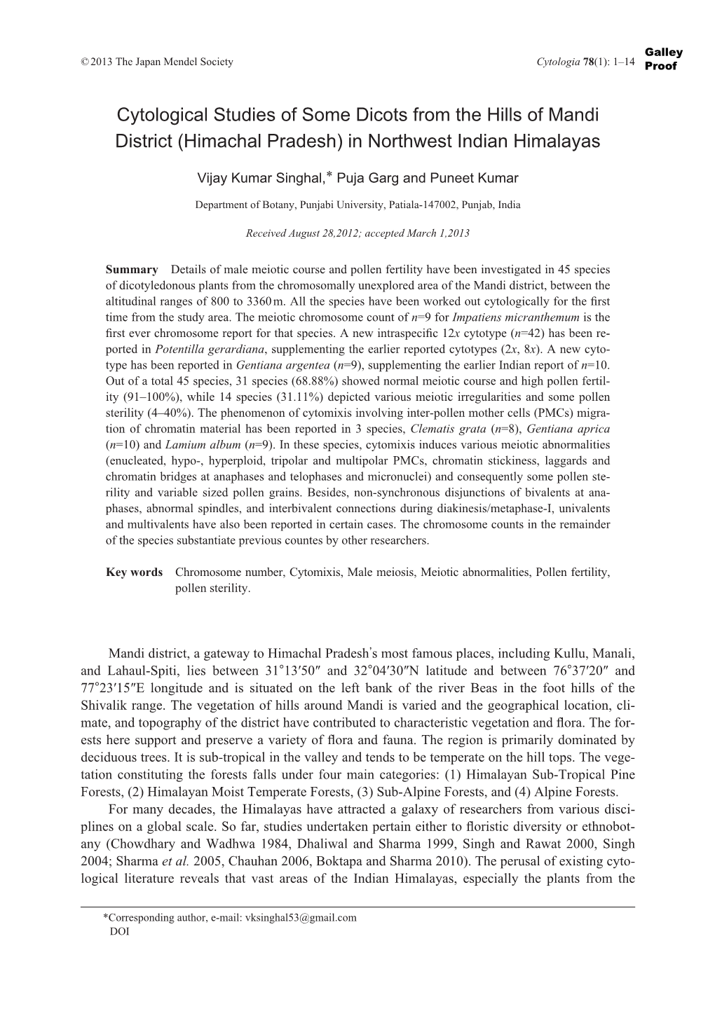 Cytological Studies of Some Dicots from the Hills of Mandi District (Himachal Pradesh) in Northwest Indian Himalayas